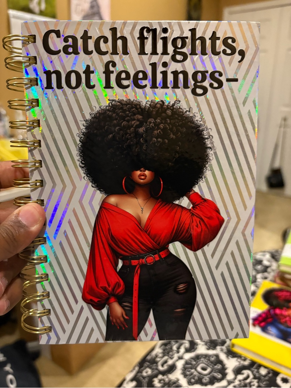 Catch flights, not feelings holographic notebook - Red & Black cover